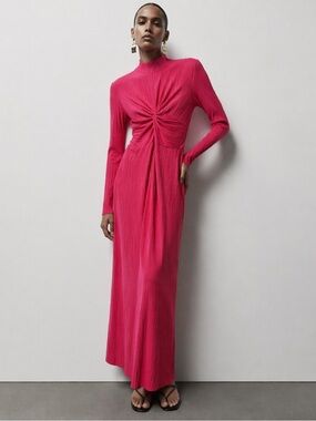 YAS Olinda High Neck Long Sleeve Formal Maxi Dress Hot Pink Size Small Party NYE